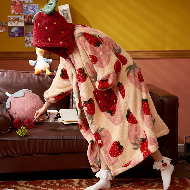 Kawaii Strawberry Fleece Hooded Robe Winter Coat Nightgown