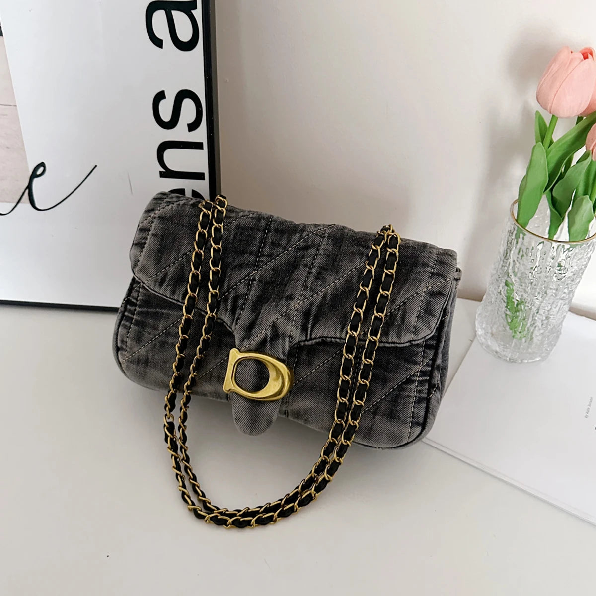 Hong Kong Style Retro Distressed Denim Armpit Bag for Women 2025 Summer New Fashion Versatile Commuter Shoulder Bag Chain Mobile Phone Bag Daily Work to School Class Lipstick Tissue