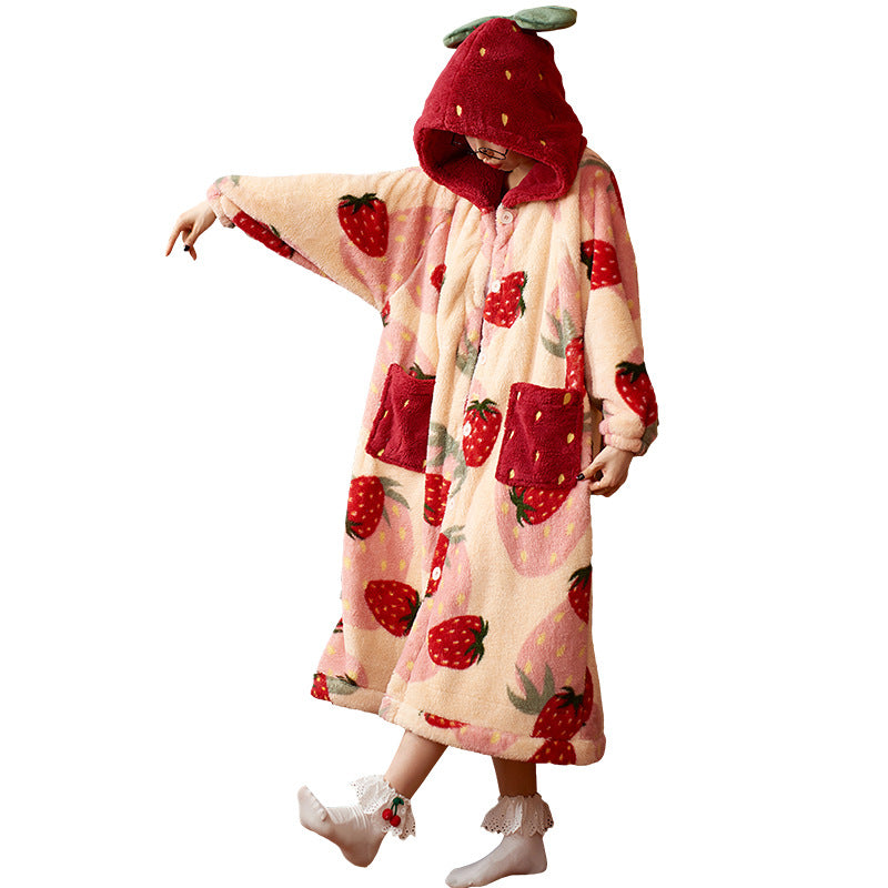 Kawaii Strawberry Fleece Hooded Robe Winter Coat Nightgown