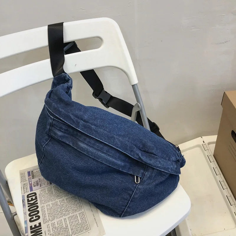 High Quality Denim Waist Bag College Style Crossbody Chest Pack Casual Street Fanny Pack Unisex Shoulder Bag Teenager Chest Bags