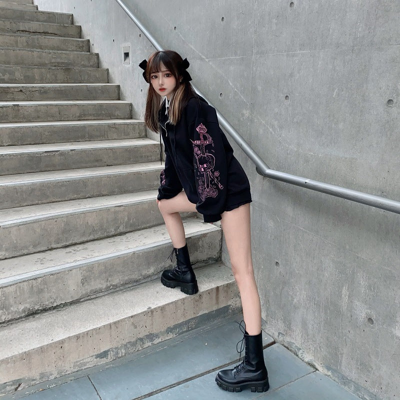 Kawaii Black Pink Skull Sword Gothic Hoodie