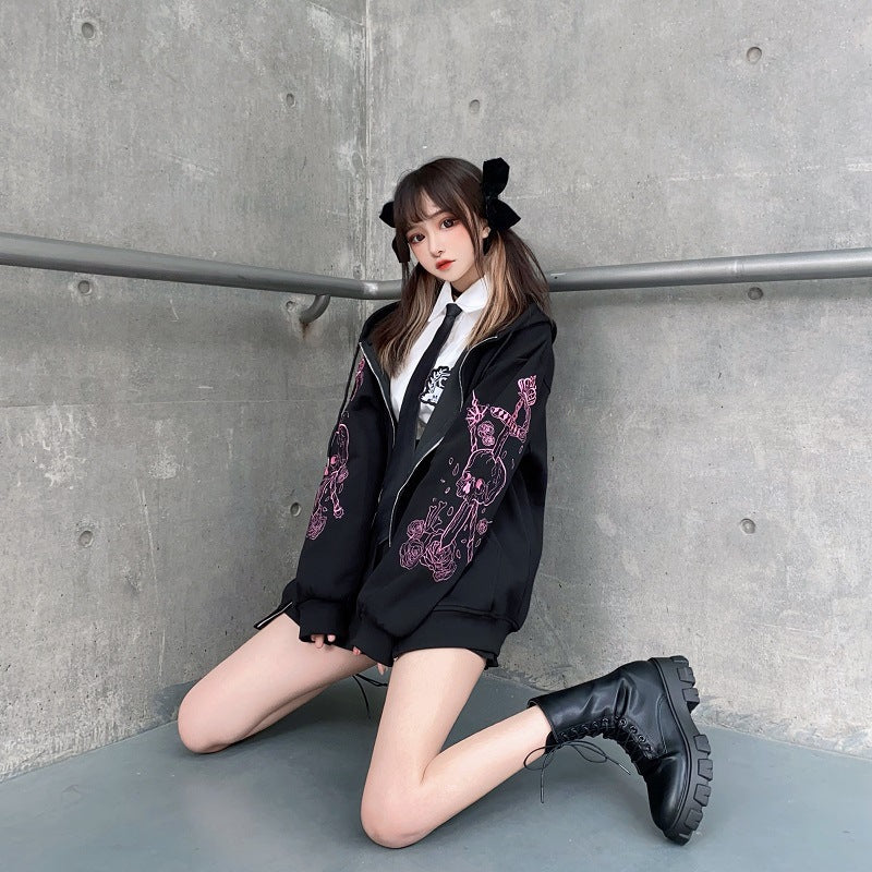 Kawaii Black Pink Skull Sword Gothic Hoodie