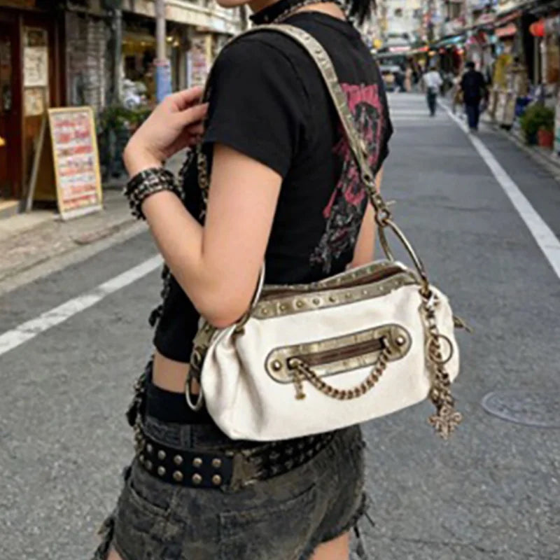 Y2K Retro Riveted Motorcycle Bag, Denim Canvas Handbag with Metal Chain, Zippered Stylish Underarm Shoulder Bag for Women