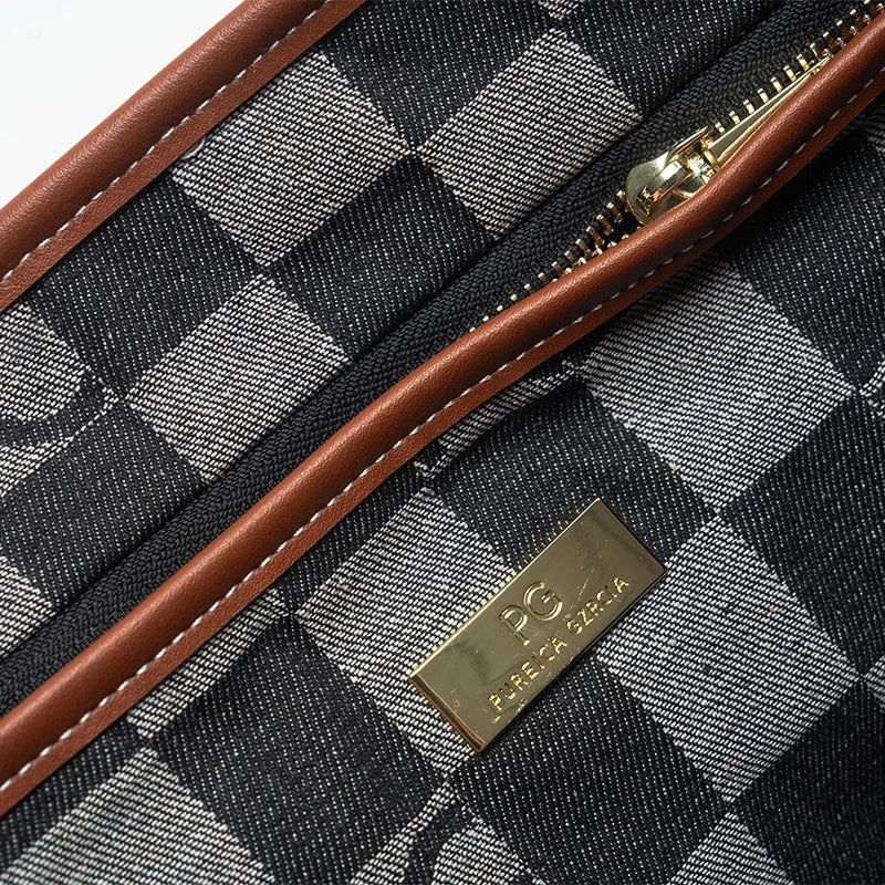 Lady Shoulder Bag Denim Checkerboard Design Light Luxury Large Capacity Simple Trendy Cool Texture Daily Commute Handbag
