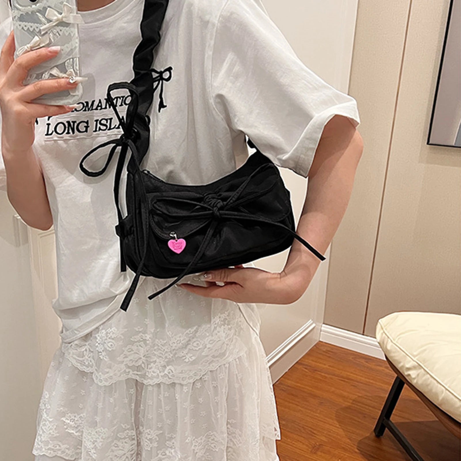 1Pcs/Lot Black Bow Casual Shoulder Bags for Women Korean Style Washed Denim Summer Handbag Exquisite Gift for Ladies Birthday