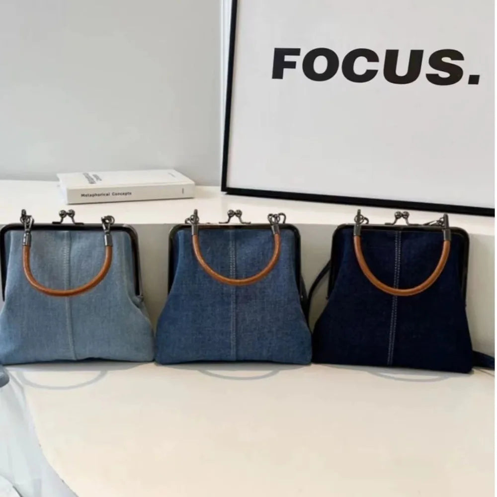 New Vintage Style Women Handbag Fashionable Navy Blue Designer Shoulder Bag Versatile Lady‘S Denim Purses Crossbody Bags
