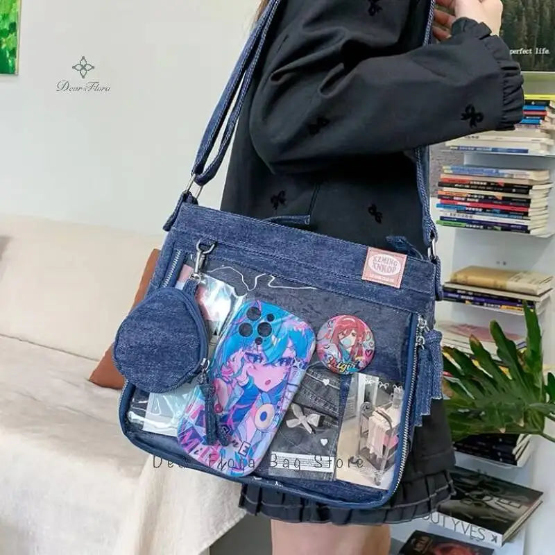 Y2K Cute Denim Ita Bag Women'S Fashion Crossbody Bag Harajuku Girl Transparent Shoulder Bag Lady DIY Badge Messenger Bag Handbag