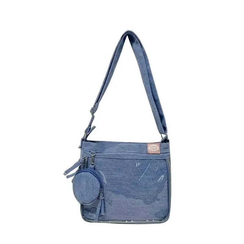 Y2K Cute Denim Ita Bag Women'S Fashion Crossbody Bag Harajuku Girl Transparent Shoulder Bag Lady DIY Badge Messenger Bag Handbag