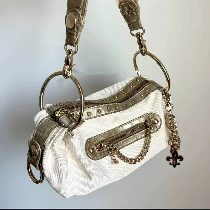 Y2K Retro Riveted Motorcycle Bag, Denim Canvas Handbag with Metal Chain, Zippered Stylish Underarm Shoulder Bag for Women