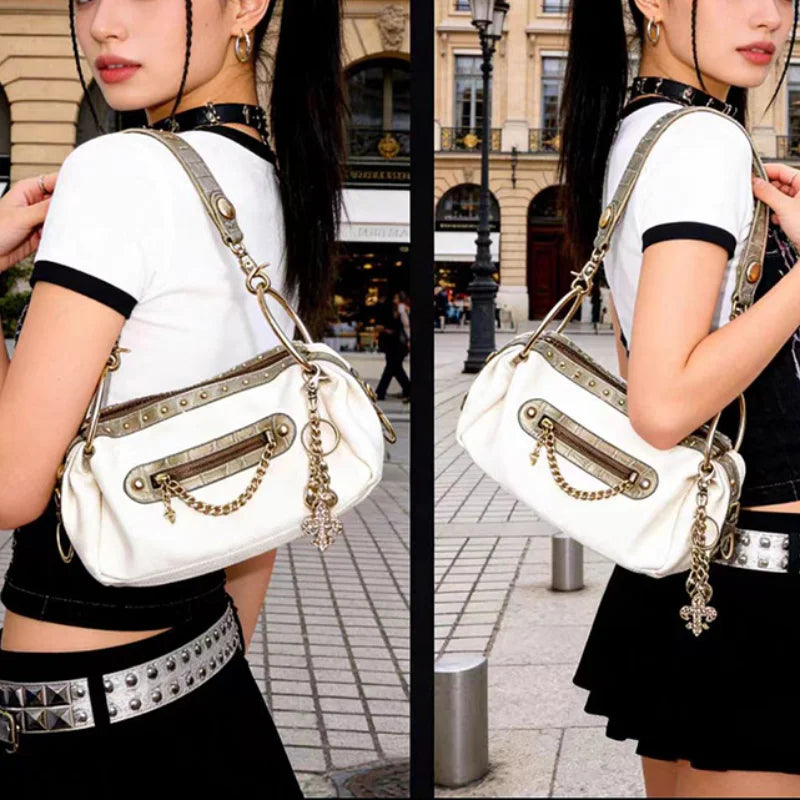 Y2K Retro Riveted Motorcycle Bag, Denim Canvas Handbag with Metal Chain, Zippered Stylish Underarm Shoulder Bag for Women