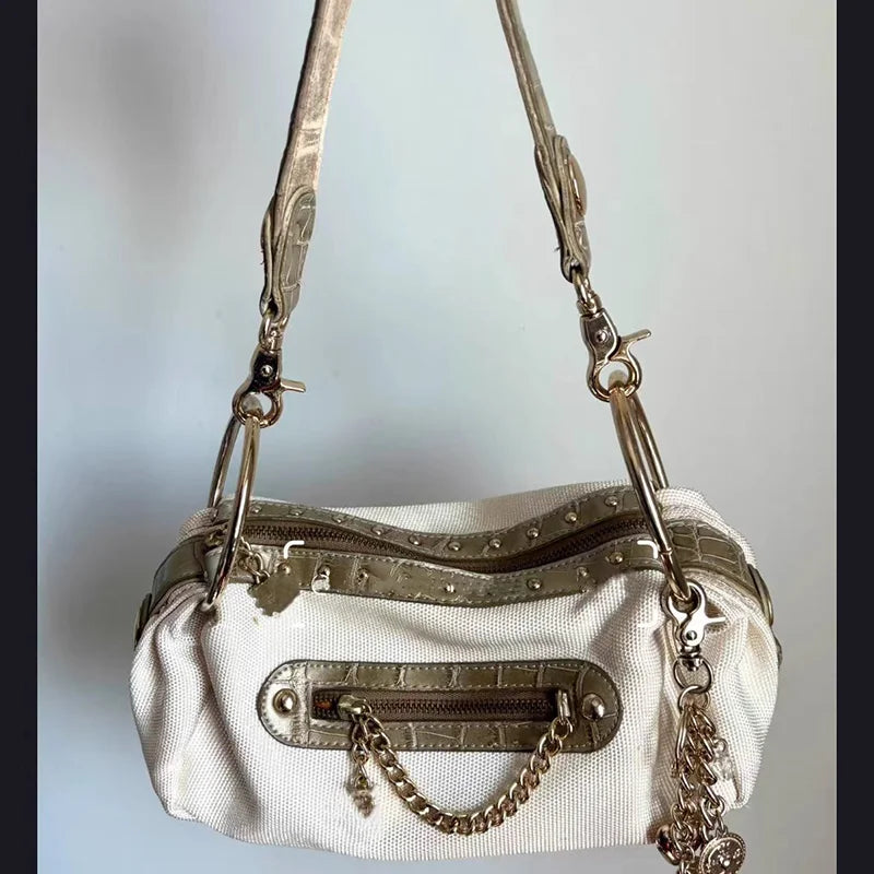Y2K Retro Riveted Motorcycle Bag, Denim Canvas Handbag with Metal Chain, Zippered Stylish Underarm Shoulder Bag for Women