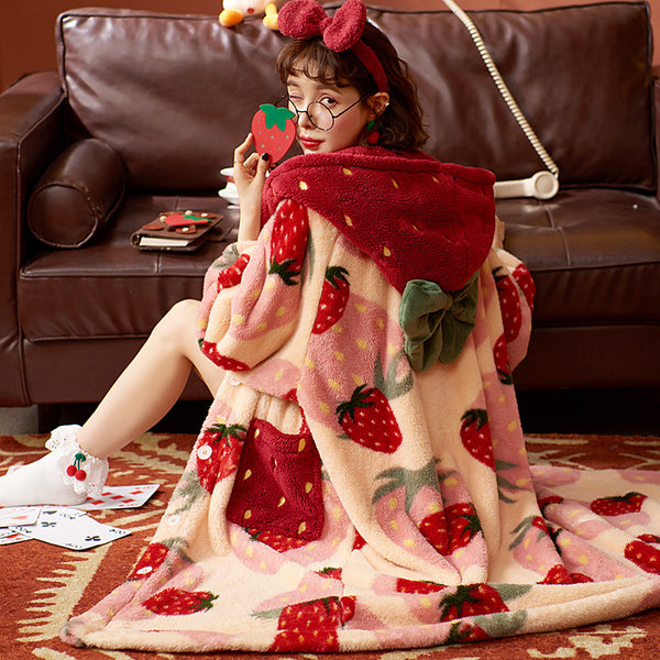 Kawaii Strawberry Fleece Hooded Robe Winter Coat Nightgown