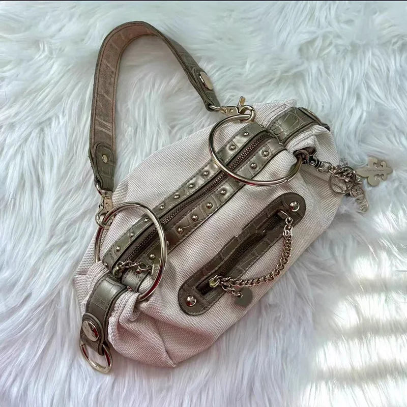 Y2K Retro Riveted Motorcycle Bag, Denim Canvas Handbag with Metal Chain, Zippered Stylish Underarm Shoulder Bag for Women