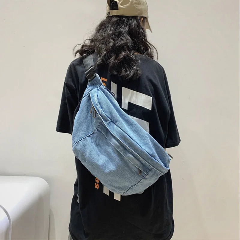 High Quality Denim Waist Bag College Style Crossbody Chest Pack Casual Street Fanny Pack Unisex Shoulder Bag Teenager Chest Bags
