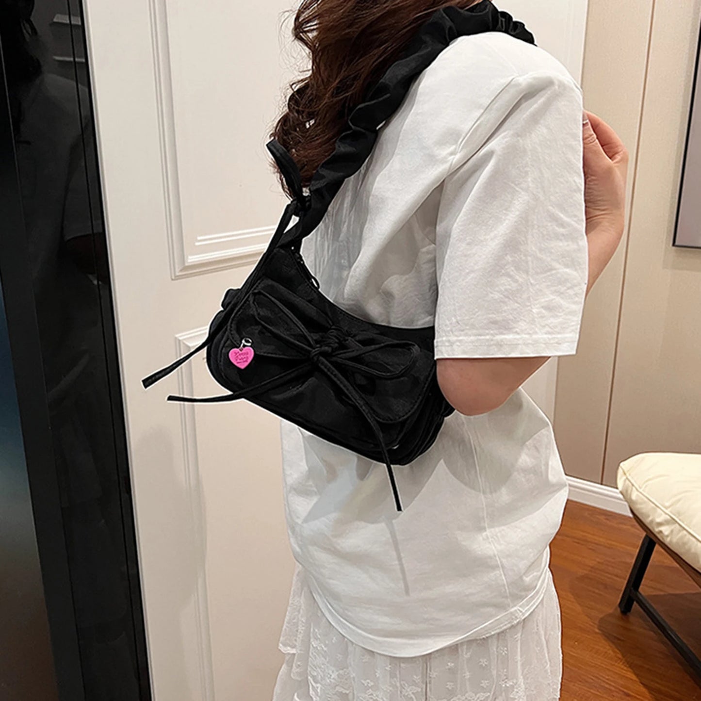 1Pcs/Lot Black Bow Casual Shoulder Bags for Women Korean Style Washed Denim Summer Handbag Exquisite Gift for Ladies Birthday