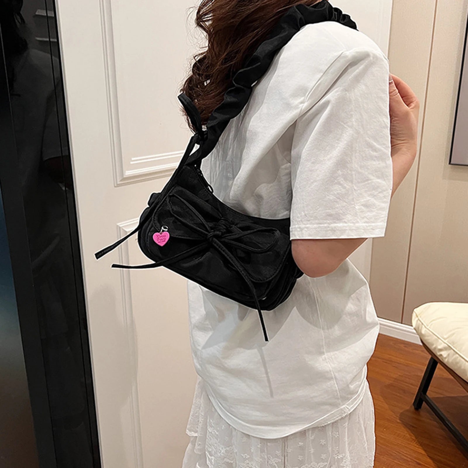 1Pcs/Lot Black Bow Casual Shoulder Bags for Women Korean Style Washed Denim Summer Handbag Exquisite Gift for Ladies Birthday