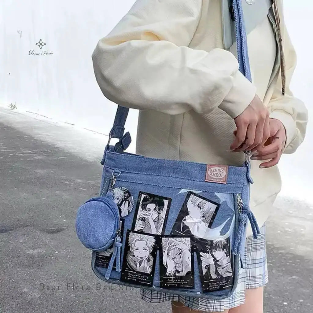 Y2K Cute Denim Ita Bag Women'S Fashion Crossbody Bag Harajuku Girl Transparent Shoulder Bag Lady DIY Badge Messenger Bag Handbag