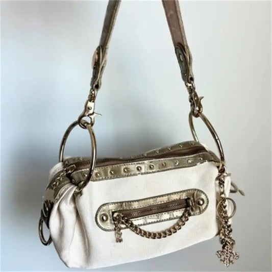 Y2K Retro Riveted Motorcycle Bag, Denim Canvas Handbag with Metal Chain, Zippered Stylish Underarm Shoulder Bag for Women