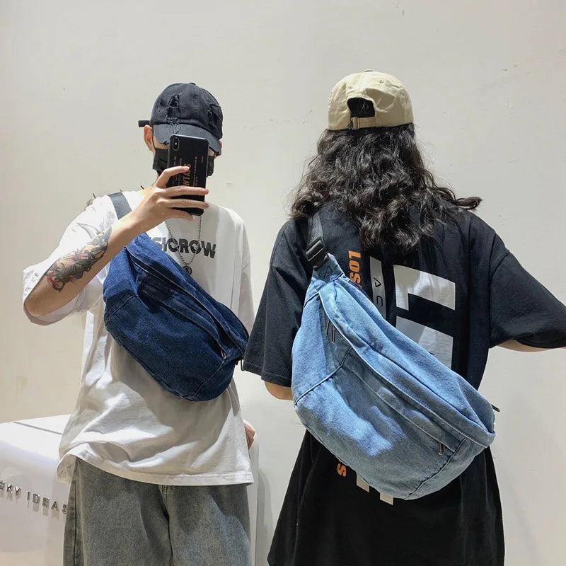 High Quality Denim Waist Bag College Style Crossbody Chest Pack Casual Street Fanny Pack Unisex Shoulder Bag Teenager Chest Bags