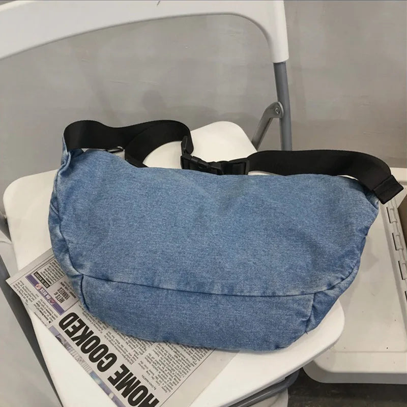 High Quality Denim Waist Bag College Style Crossbody Chest Pack Casual Street Fanny Pack Unisex Shoulder Bag Teenager Chest Bags