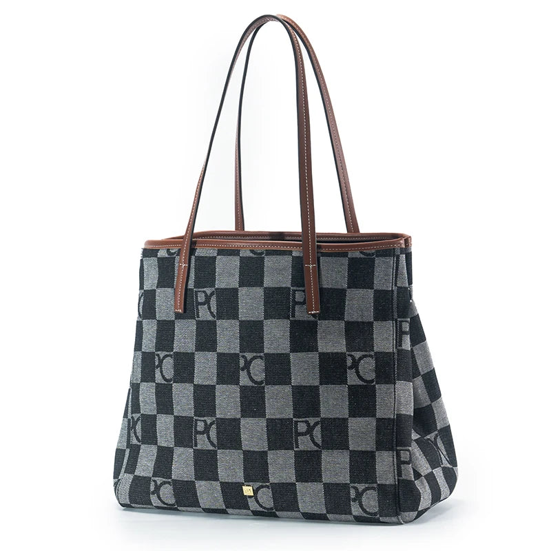 Lady Shoulder Bag Denim Checkerboard Design Light Luxury Large Capacity Simple Trendy Cool Texture Daily Commute Handbag