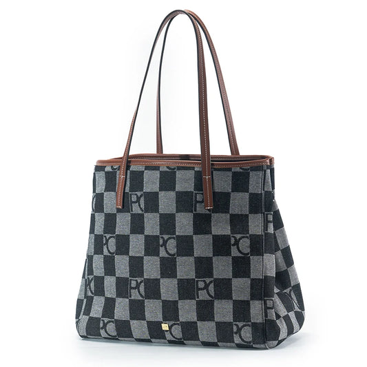 Lady Shoulder Bag Denim Checkerboard Design Light Luxury Large Capacity Simple Trendy Cool Texture Daily Commute Handbag