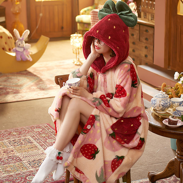 Kawaii Strawberry Fleece Hooded Robe Winter Coat Nightgown