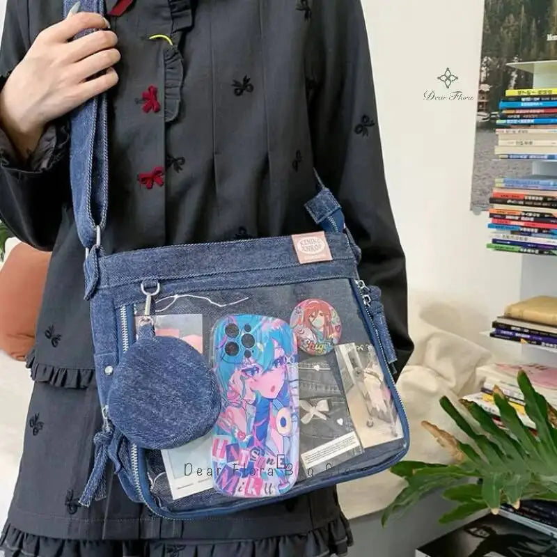 Y2K Cute Denim Ita Bag Women'S Fashion Crossbody Bag Harajuku Girl Transparent Shoulder Bag Lady DIY Badge Messenger Bag Handbag