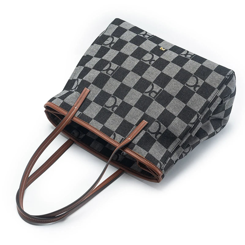 Lady Shoulder Bag Denim Checkerboard Design Light Luxury Large Capacity Simple Trendy Cool Texture Daily Commute Handbag