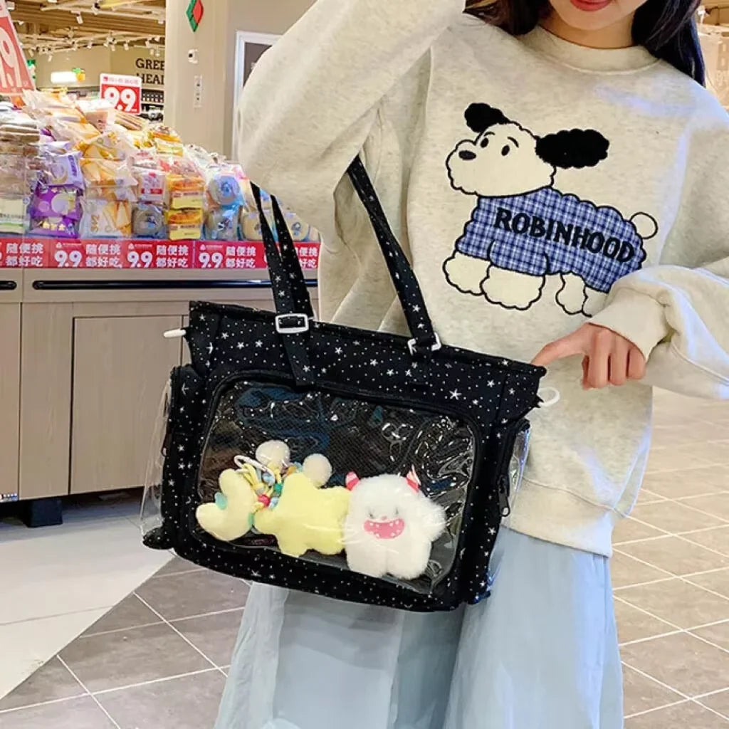 New Y2K Cute Japanese Ita Bag Lolita Girl Transparent Shoulder Tote Bag Large Capacity Crossbody Casual Bag DIY Display Handbags