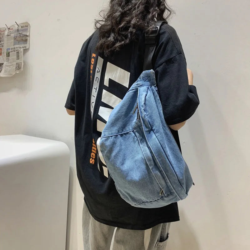 High Quality Denim Waist Bag College Style Crossbody Chest Pack Casual Street Fanny Pack Unisex Shoulder Bag Teenager Chest Bags