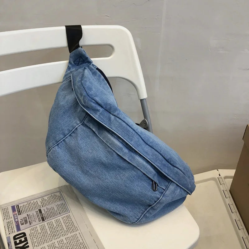 High Quality Denim Waist Bag College Style Crossbody Chest Pack Casual Street Fanny Pack Unisex Shoulder Bag Teenager Chest Bags