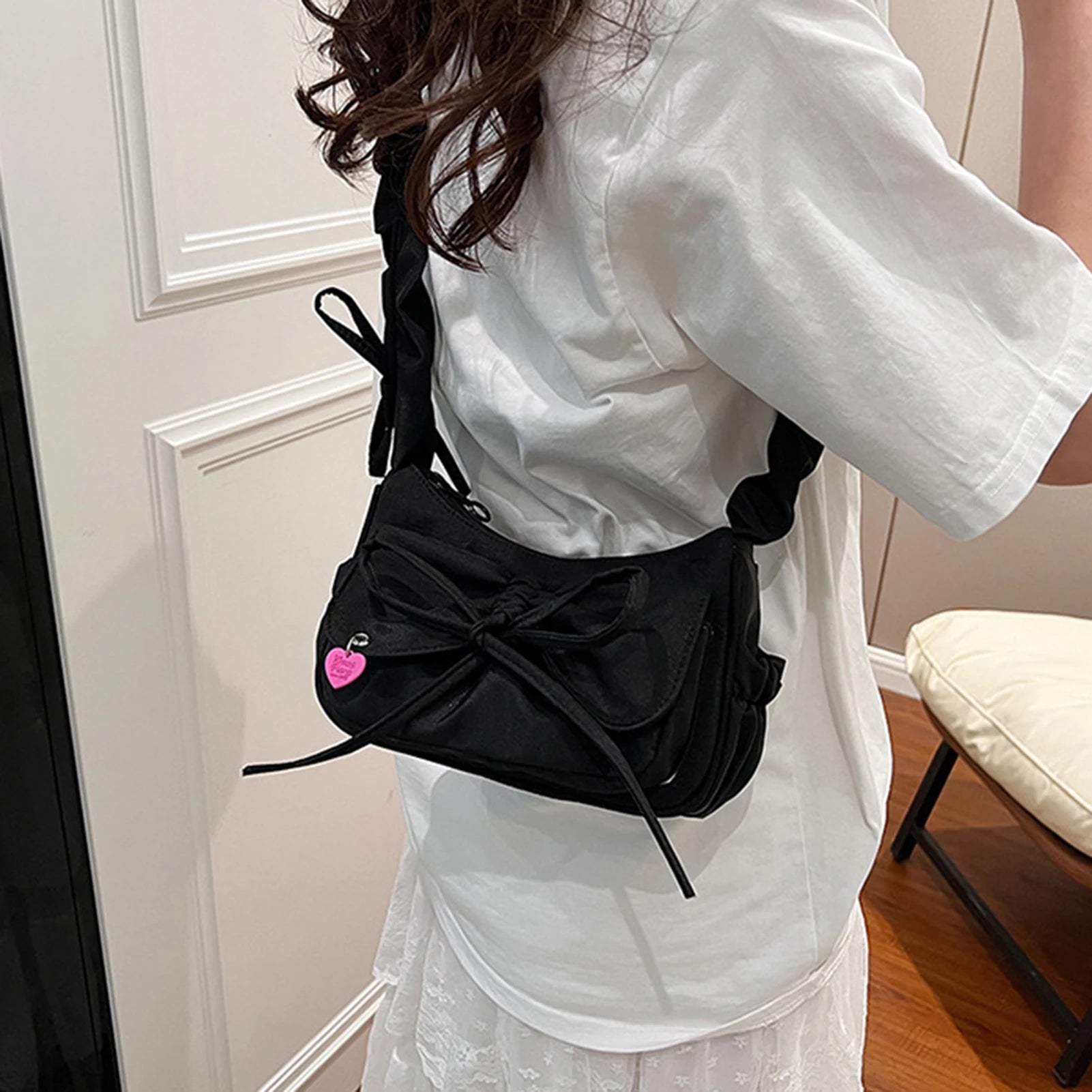 1Pcs/Lot Black Bow Casual Shoulder Bags for Women Korean Style Washed Denim Summer Handbag Exquisite Gift for Ladies Birthday