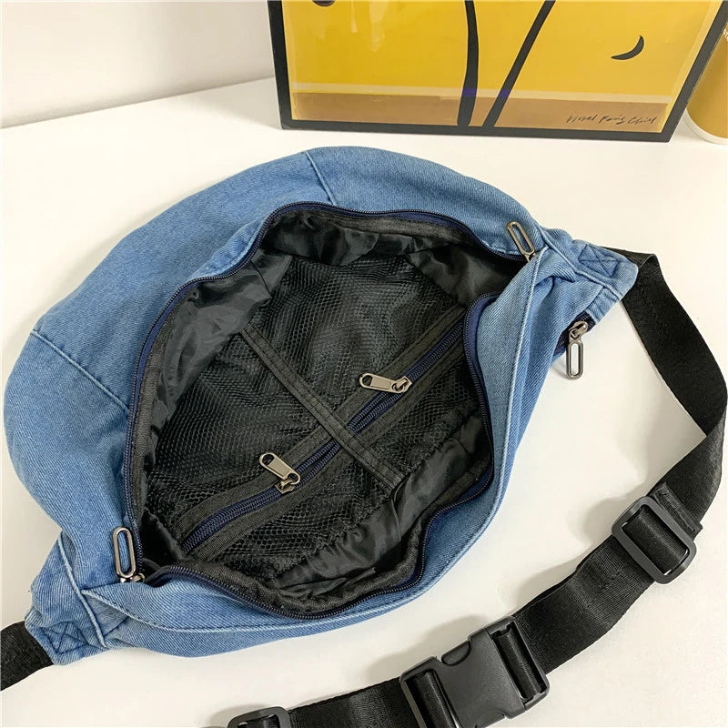 High Quality Denim Waist Bag College Style Crossbody Chest Pack Casual Street Fanny Pack Unisex Shoulder Bag Teenager Chest Bags