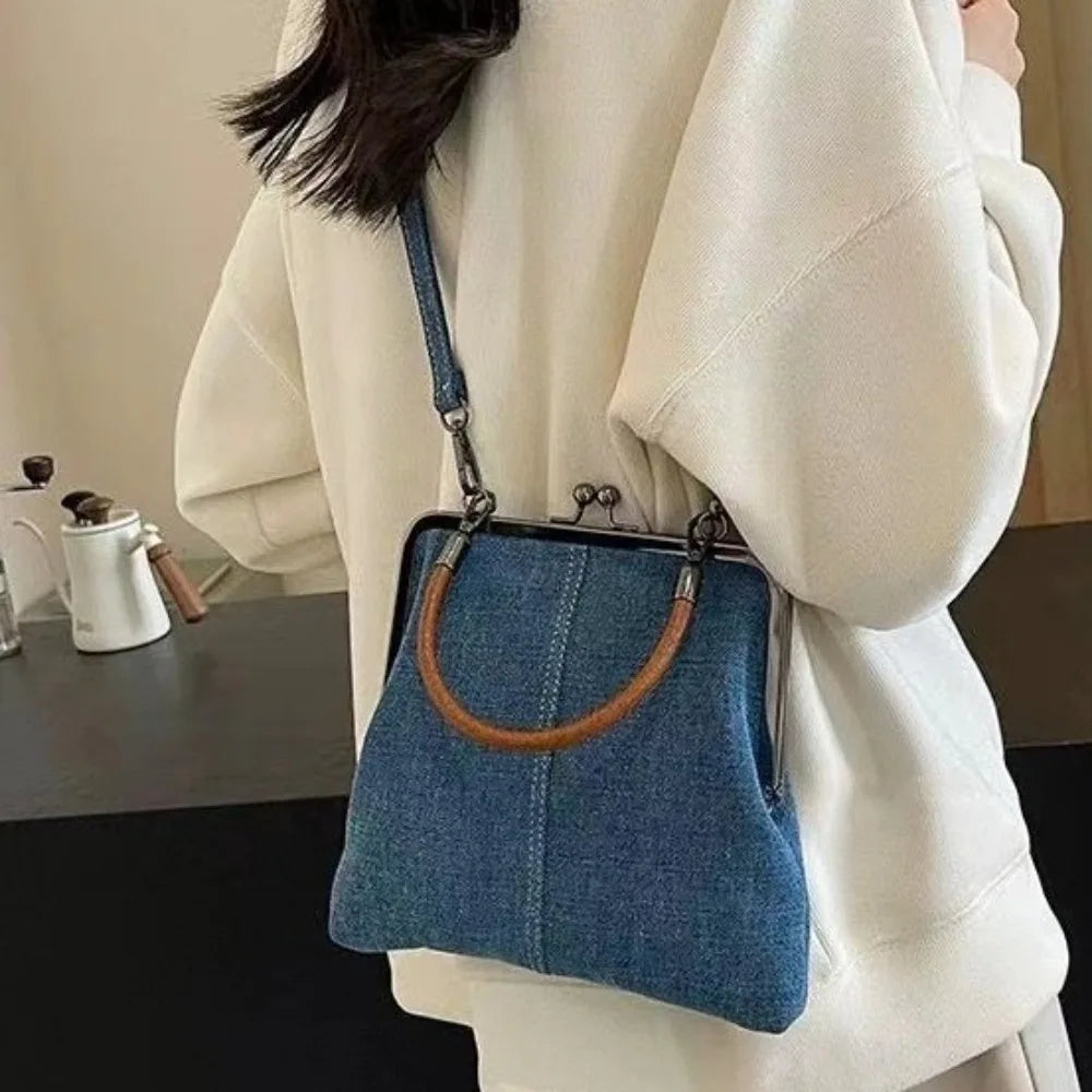 New Vintage Style Women Handbag Fashionable Navy Blue Designer Shoulder Bag Versatile Lady‘S Denim Purses Crossbody Bags
