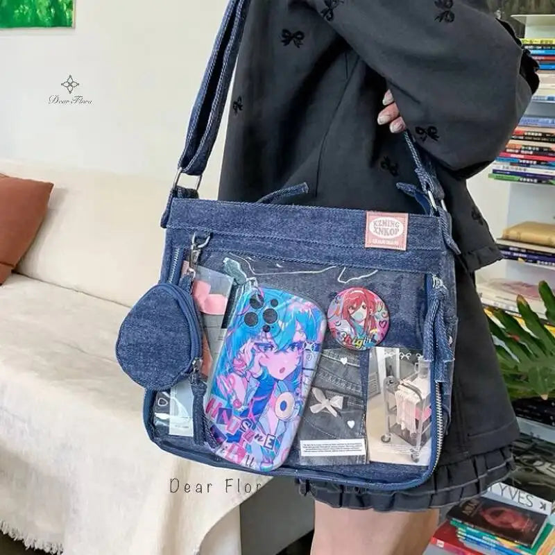 Y2K Cute Denim Ita Bag Women'S Fashion Crossbody Bag Harajuku Girl Transparent Shoulder Bag Lady DIY Badge Messenger Bag Handbag