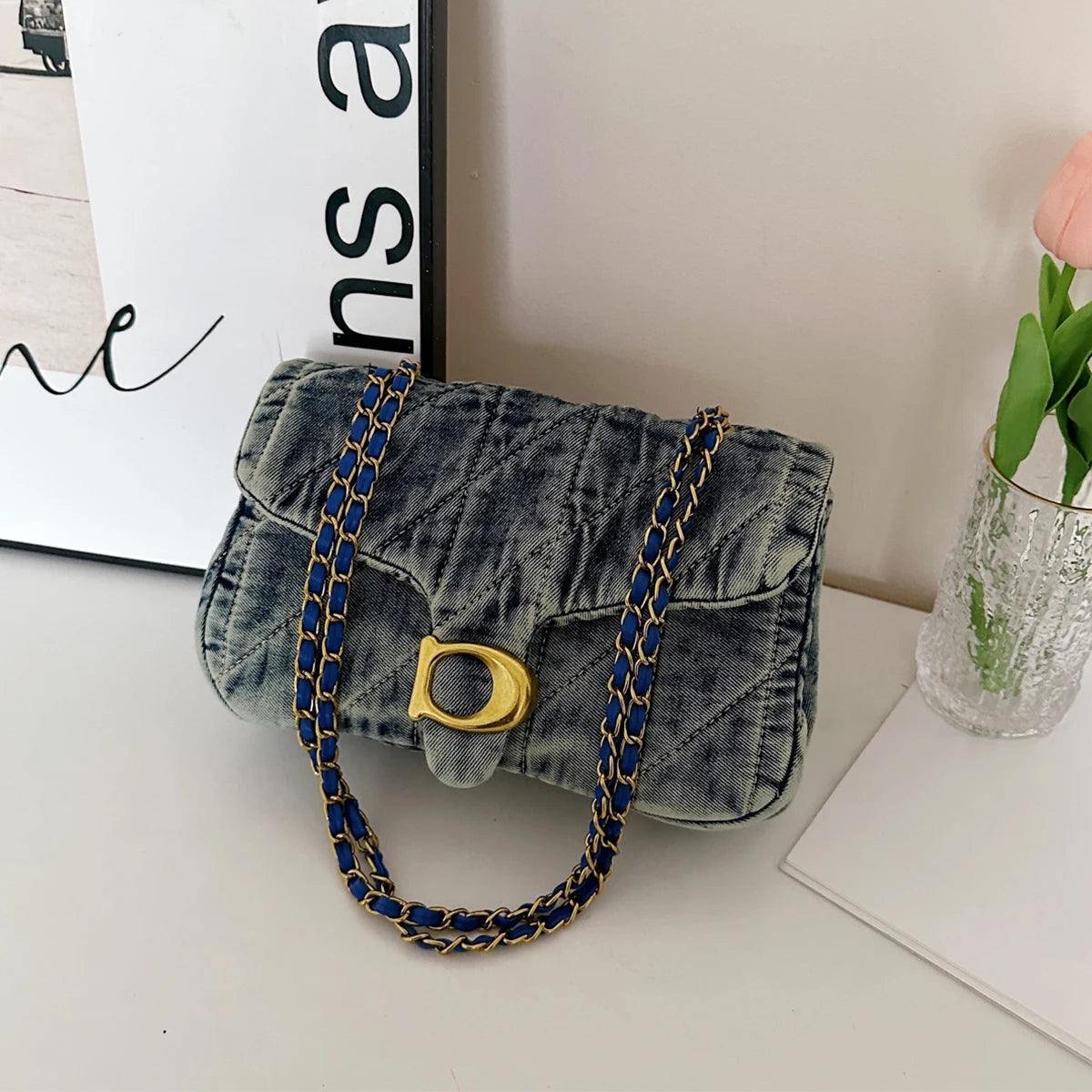 Hong Kong Style Retro Distressed Denim Armpit Bag for Women 2025 Summer New Fashion Versatile Commuter Shoulder Bag Chain Mobile Phone Bag Daily Work to School Class Lipstick Tissue