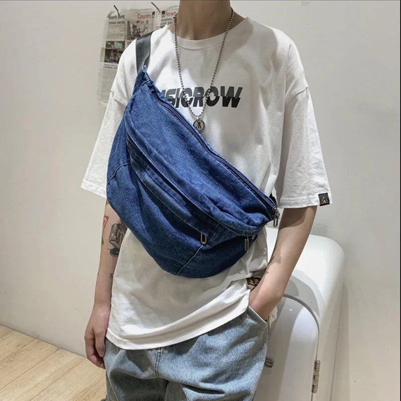 High Quality Denim Waist Bag College Style Crossbody Chest Pack Casual Street Fanny Pack Unisex Shoulder Bag Teenager Chest Bags