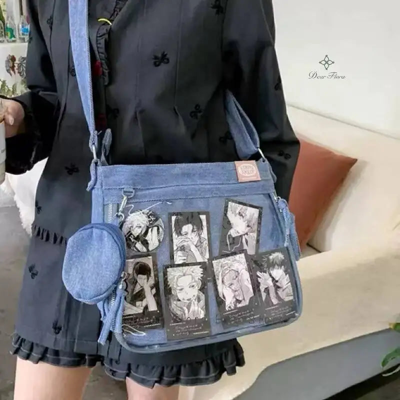 Y2K Cute Denim Ita Bag Women'S Fashion Crossbody Bag Harajuku Girl Transparent Shoulder Bag Lady DIY Badge Messenger Bag Handbag