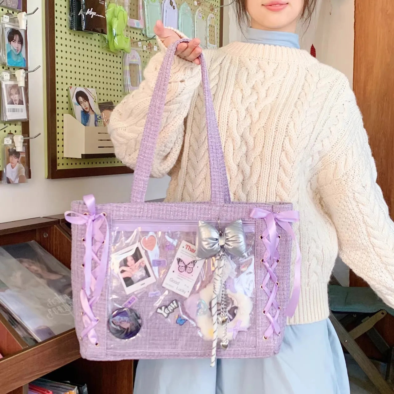 New Y2K Cute Japanese Ita Bag Lolita Girl Transparent Shoulder Tote Bag Large Capacity Crossbody Casual Bag DIY Display Handbags