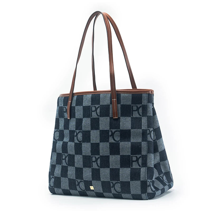 Lady Shoulder Bag Denim Checkerboard Design Light Luxury Large Capacity Simple Trendy Cool Texture Daily Commute Handbag