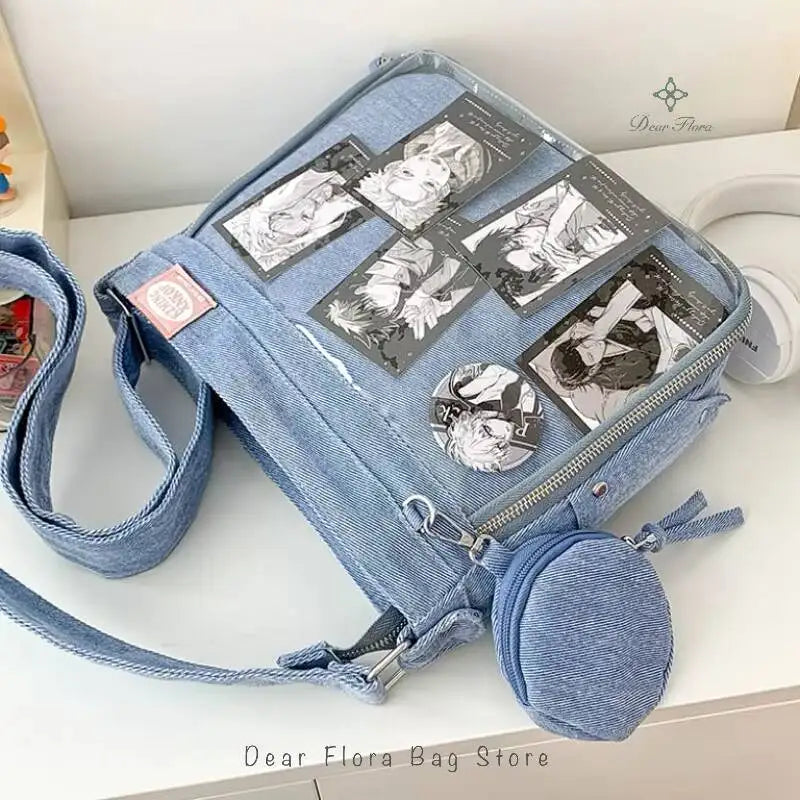 Y2K Cute Denim Ita Bag Women'S Fashion Crossbody Bag Harajuku Girl Transparent Shoulder Bag Lady DIY Badge Messenger Bag Handbag