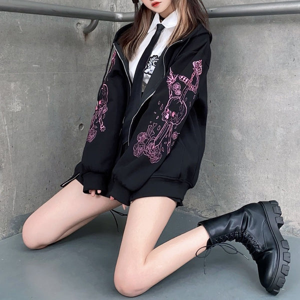 Kawaii Black Pink Skull Sword Gothic Hoodie